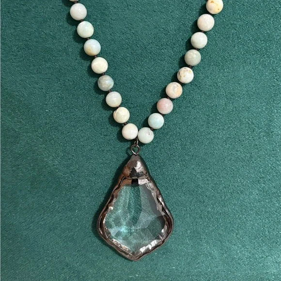 Amazonite Beaded Necklace w/ Large Faceted Crystal Pendant 17.5” Boho Statement - Picture 1 of 5